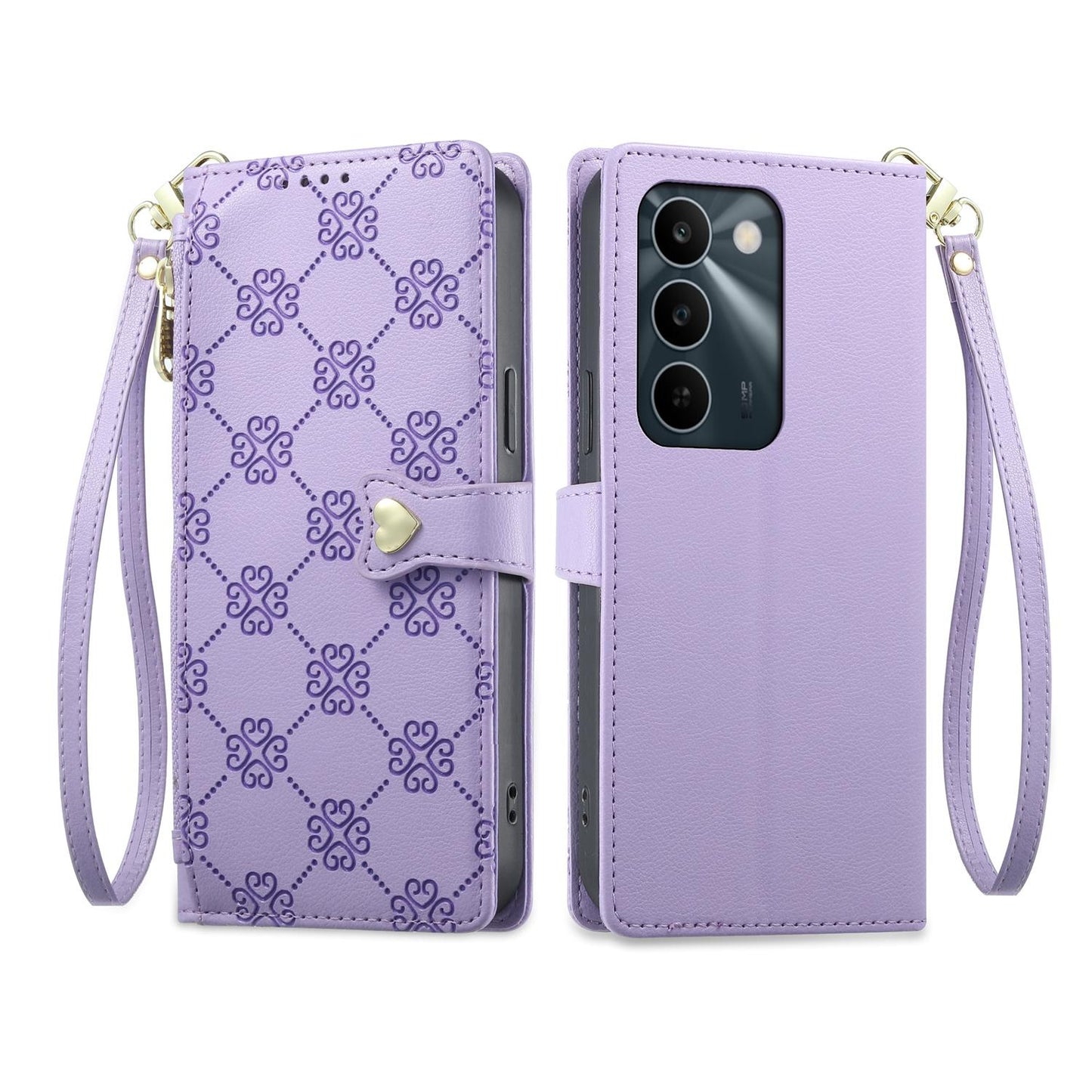 For Realme C100 4G / C100i 4G / C100x 4G Zipper Wallet Heart Buckle Vegan Leather Phone Case with Wrist Strap(Purple)
