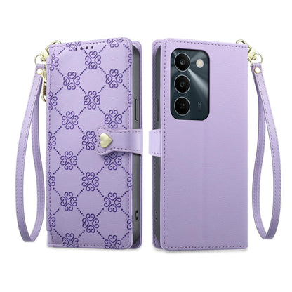 For Realme C100 4G / C100i 4G / C100x 4G Zipper Wallet Heart Buckle Vegan Leather Phone Case with Wrist Strap(Purple)