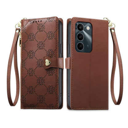 For Realme C100 4G / C100i 4G / C100x 4G Zipper Wallet Heart Buckle Vegan Leather Phone Case with Wrist Strap(Brown)