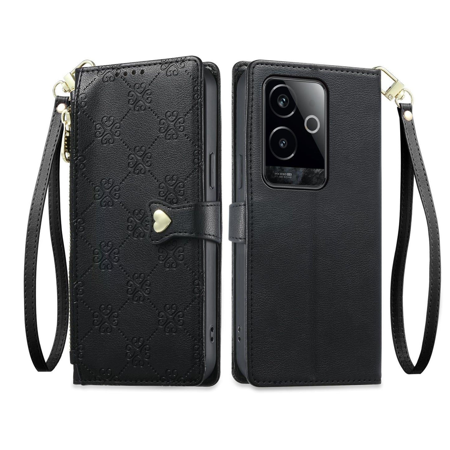 For Realme GT 6 / GT Neo6 / GT Neo6 SE Zipper Wallet Heart Buckle Vegan Leather Phone Case with Wrist Strap(Black)