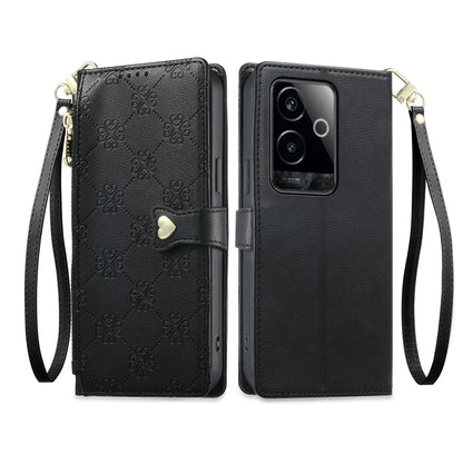 For Realme GT 6 / GT Neo6 / GT Neo6 SE Zipper Wallet Heart Buckle Vegan Leather Phone Case with Wrist Strap(Black)