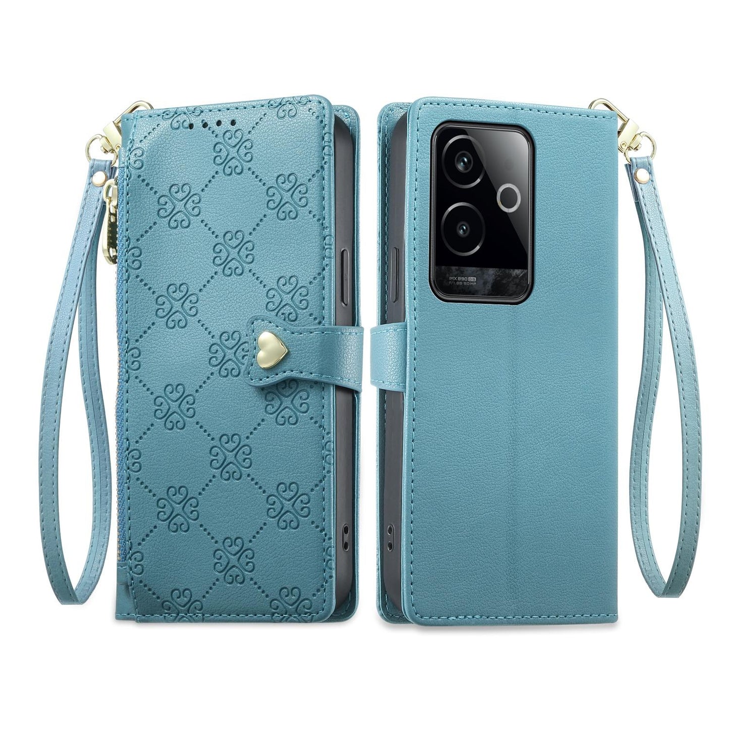 For Realme GT 6 / GT Neo6 / GT Neo6 SE Zipper Wallet Heart Buckle Vegan Leather Phone Case with Wrist Strap(Lake Blue)
