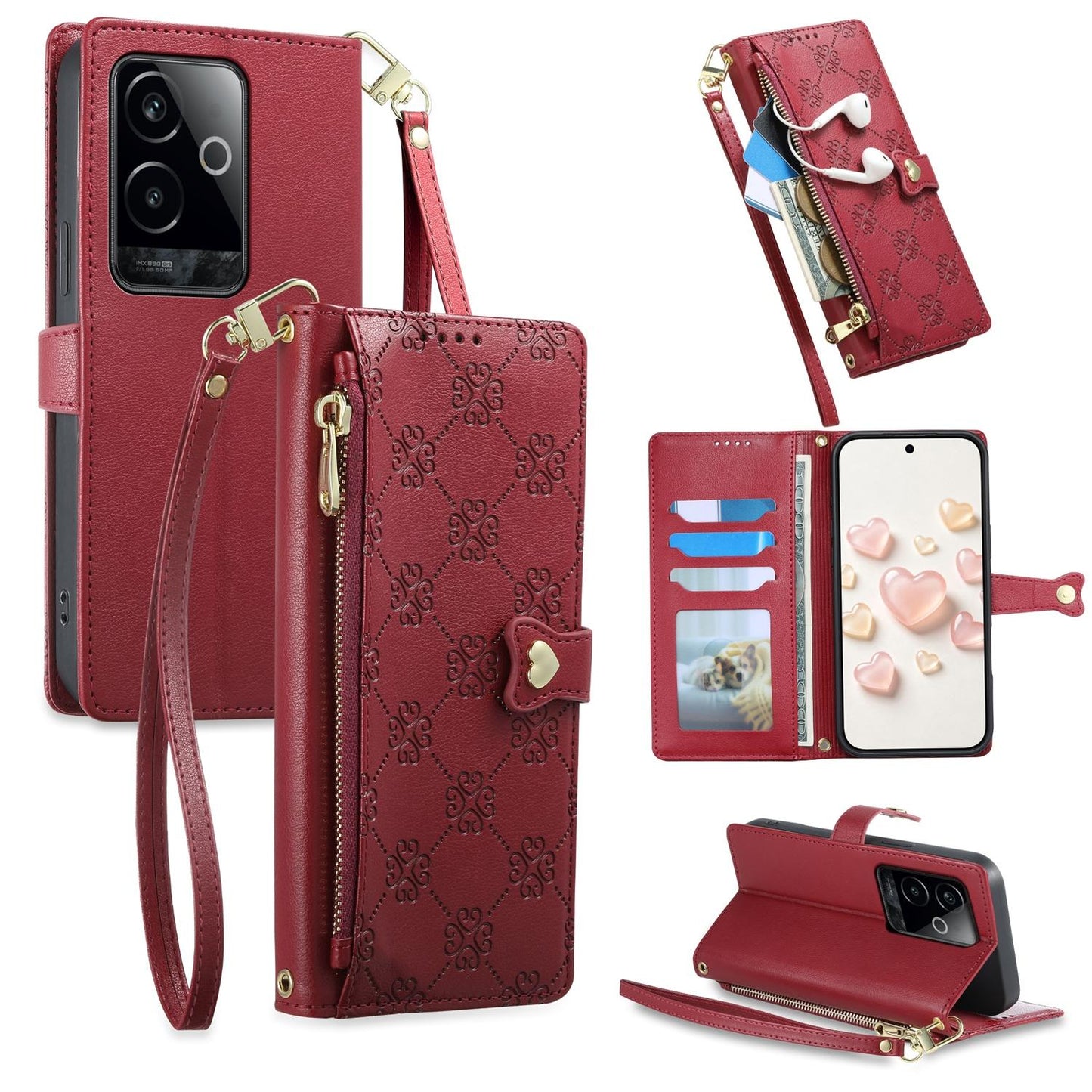 For Realme GT 6 / GT Neo6 / GT Neo6 SE Zipper Wallet Heart Buckle Vegan Leather Phone Case with Wrist Strap(Red)