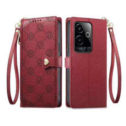 For Realme GT 6 / GT Neo6 / GT Neo6 SE Zipper Wallet Heart Buckle Vegan Leather Phone Case with Wrist Strap(Red)