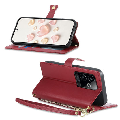 For Realme GT 6 / GT Neo6 / GT Neo6 SE Zipper Wallet Heart Buckle Vegan Leather Phone Case with Wrist Strap(Red)