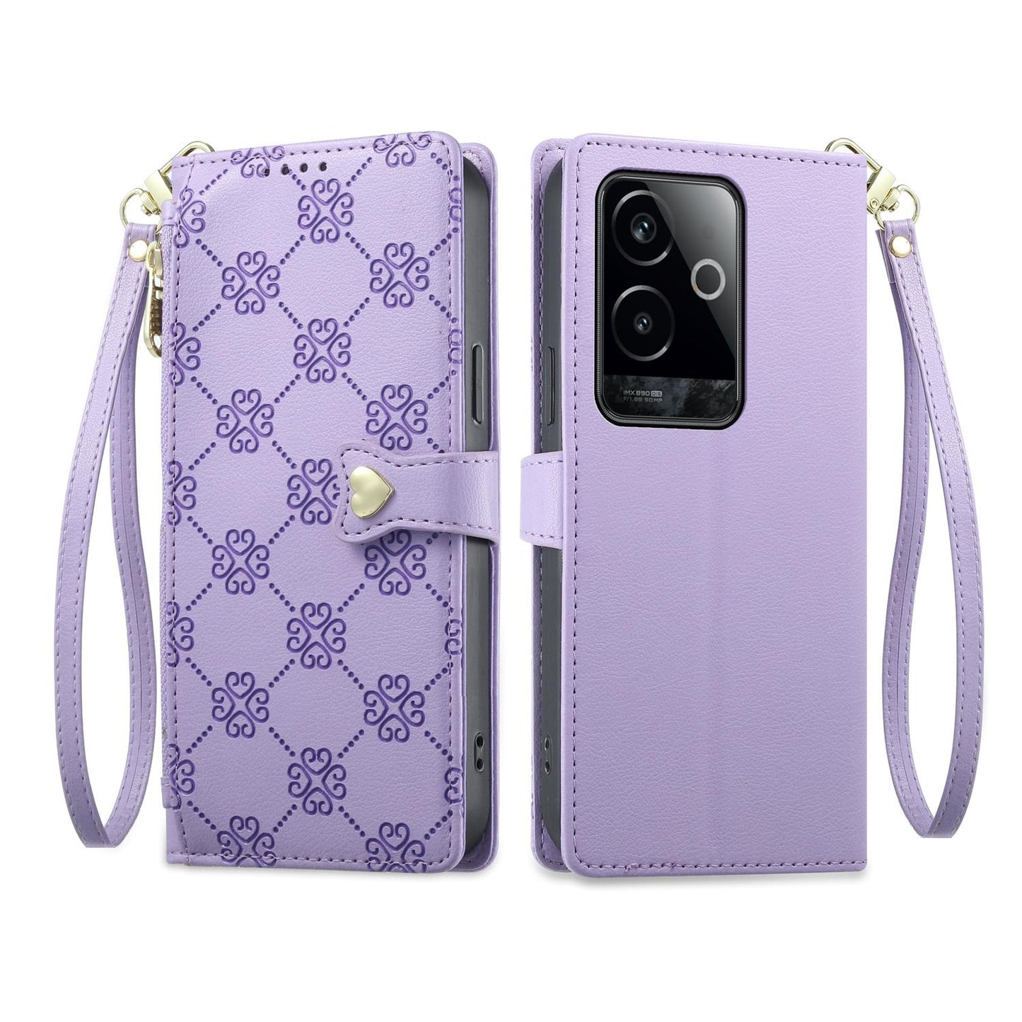 For Realme GT 6 / GT Neo6 / GT Neo6 SE Zipper Wallet Heart Buckle Vegan Leather Phone Case with Wrist Strap(Purple)