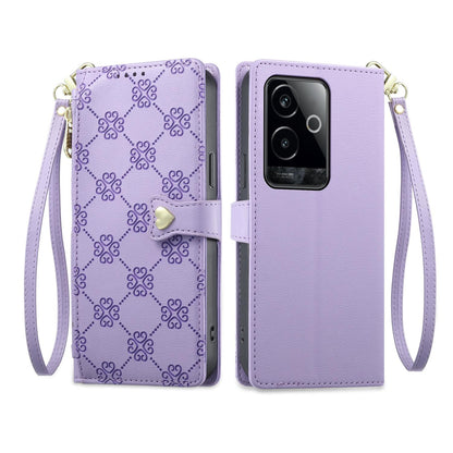 For Realme GT 6 / GT Neo6 / GT Neo6 SE Zipper Wallet Heart Buckle Vegan Leather Phone Case with Wrist Strap(Purple)