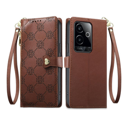 For Realme GT 6 / GT Neo6 / GT Neo6 SE Zipper Wallet Heart Buckle Vegan Leather Phone Case with Wrist Strap(Brown)