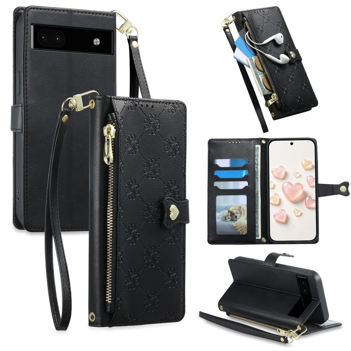For Google Pixel 6a Zipper Wallet Heart Buckle Vegan Leather Phone Case with Wrist Strap(Black)