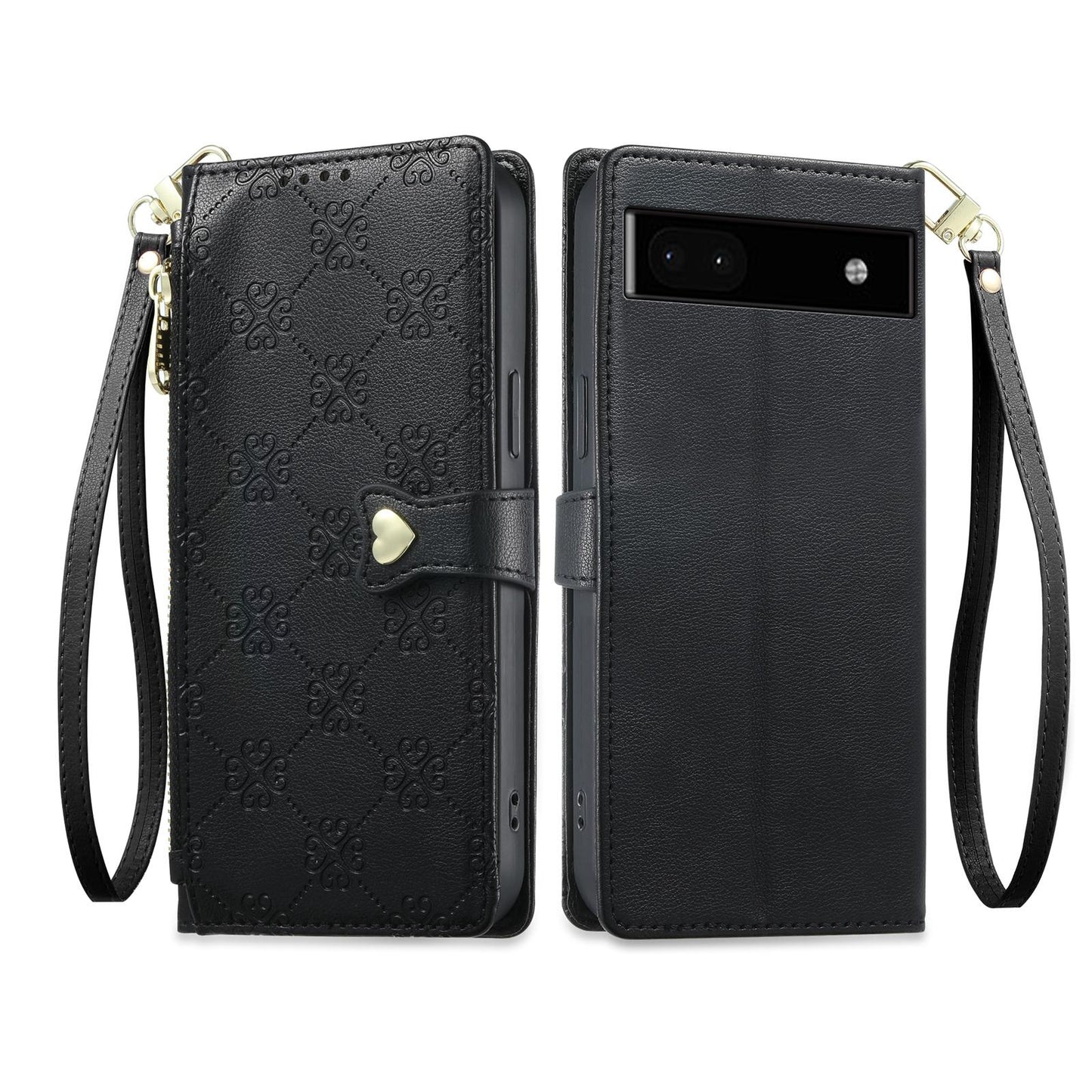For Google Pixel 6a Zipper Wallet Heart Buckle Vegan Leather Phone Case with Wrist Strap(Black)
