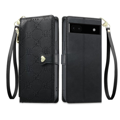 For Google Pixel 6a Zipper Wallet Heart Buckle Vegan Leather Phone Case with Wrist Strap(Black)