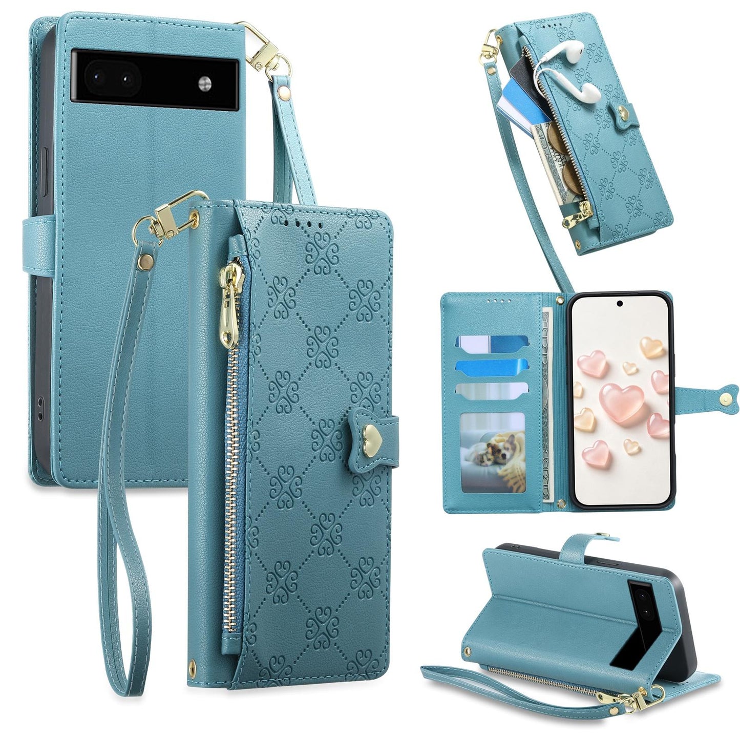 For Google Pixel 6a Zipper Wallet Heart Buckle Vegan Leather Phone Case with Wrist Strap(Lake Blue)