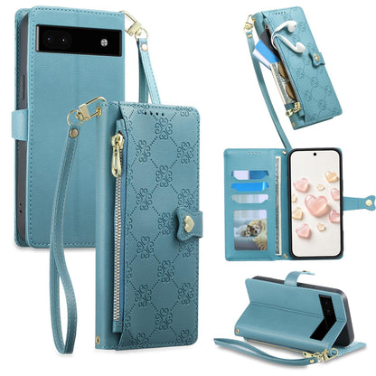 For Google Pixel 6a Zipper Wallet Heart Buckle Vegan Leather Phone Case with Wrist Strap(Lake Blue)
