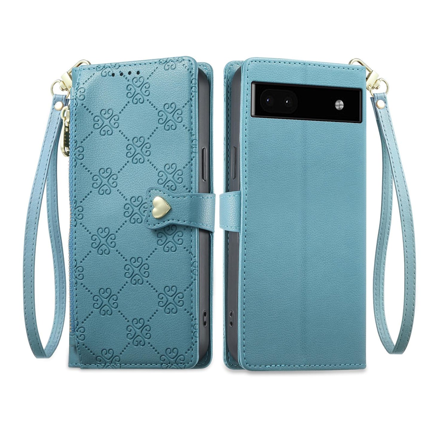 For Google Pixel 6a Zipper Wallet Heart Buckle Vegan Leather Phone Case with Wrist Strap(Lake Blue)