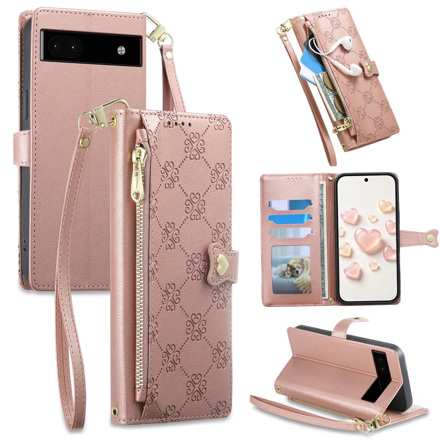 For Google Pixel 6a Zipper Wallet Heart Buckle Vegan Leather Phone Case with Wrist Strap(Pink)