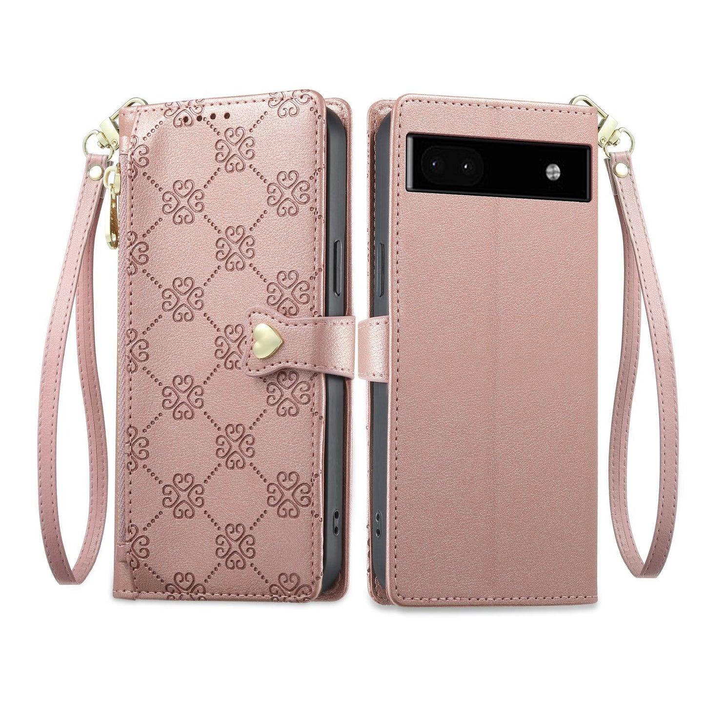 For Google Pixel 6a Zipper Wallet Heart Buckle Vegan Leather Phone Case with Wrist Strap(Pink)