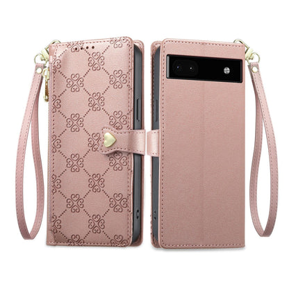 For Google Pixel 6a Zipper Wallet Heart Buckle Vegan Leather Phone Case with Wrist Strap(Pink)