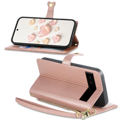 For Google Pixel 6a Zipper Wallet Heart Buckle Vegan Leather Phone Case with Wrist Strap(Pink)