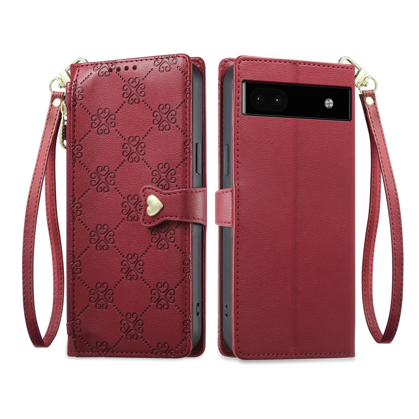 For Google Pixel 6a Zipper Wallet Heart Buckle Vegan Leather Phone Case with Wrist Strap(Red)