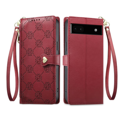 For Google Pixel 6a Zipper Wallet Heart Buckle Vegan Leather Phone Case with Wrist Strap(Red)