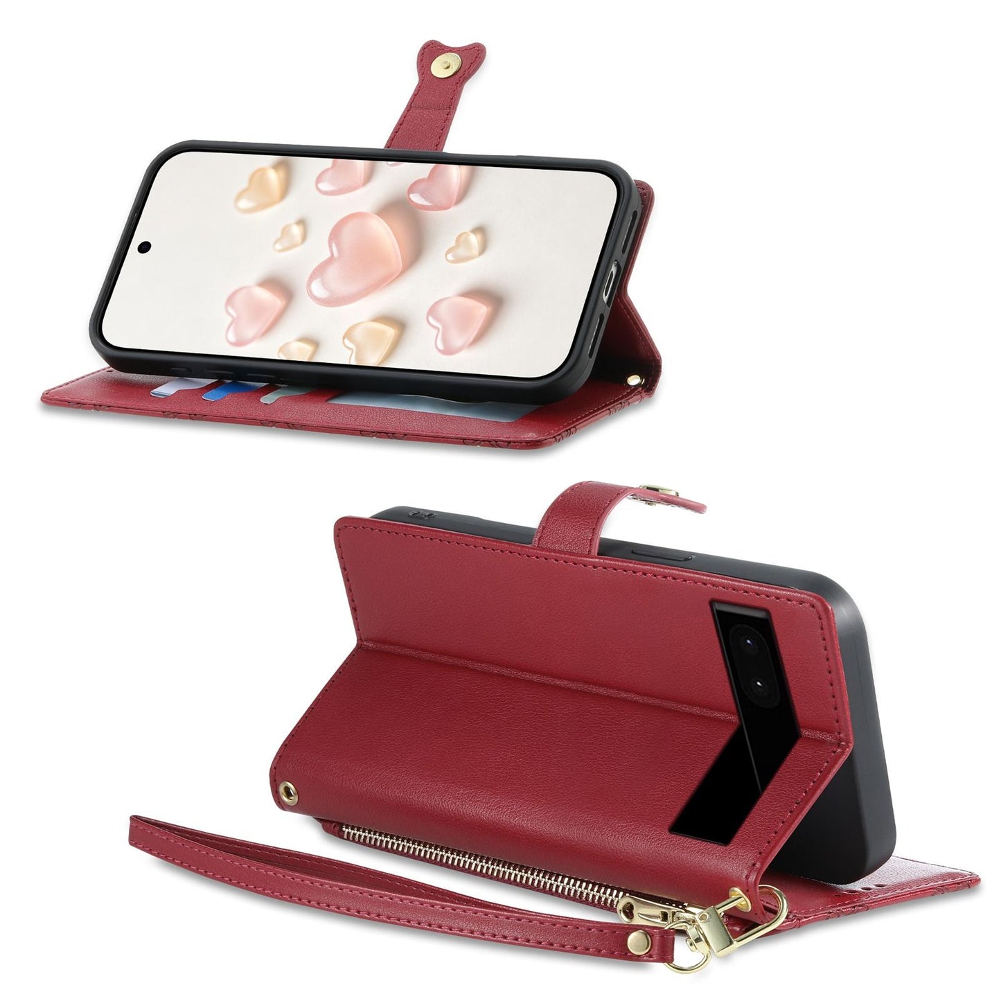 For Google Pixel 6a Zipper Wallet Heart Buckle Vegan Leather Phone Case with Wrist Strap(Red)