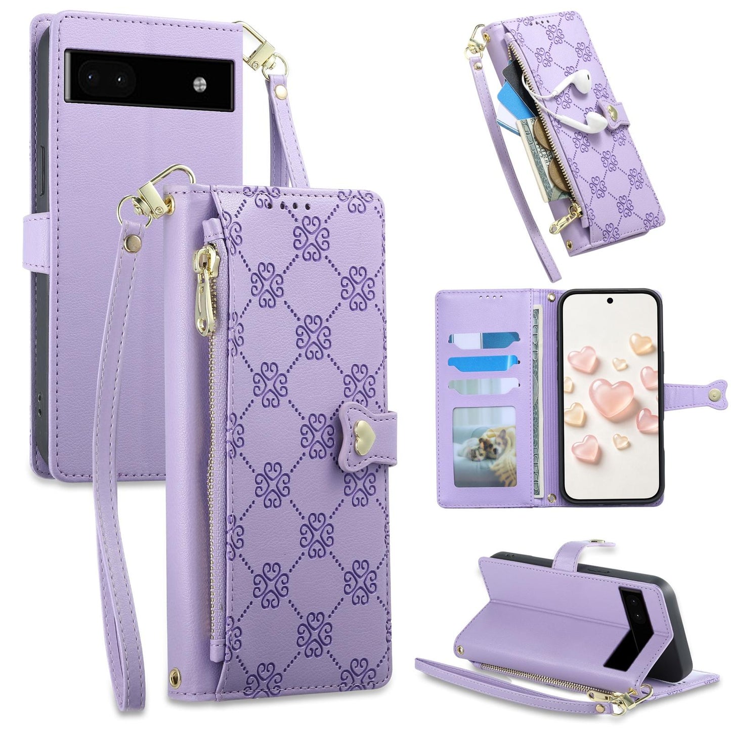 For Google Pixel 6a Zipper Wallet Heart Buckle Vegan Leather Phone Case with Wrist Strap(Purple)