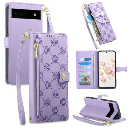 For Google Pixel 6a Zipper Wallet Heart Buckle Vegan Leather Phone Case with Wrist Strap(Purple)