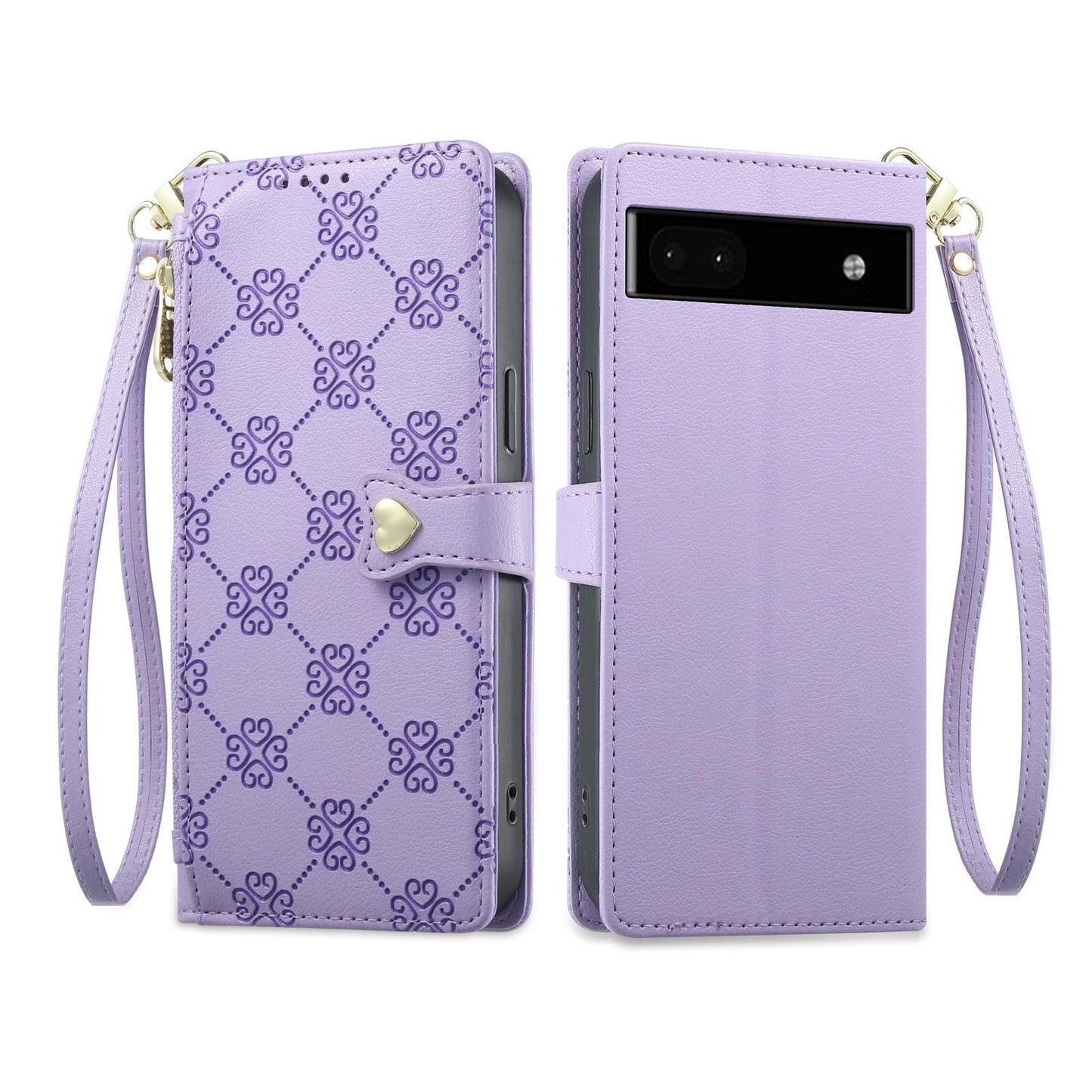 For Google Pixel 6a Zipper Wallet Heart Buckle Vegan Leather Phone Case with Wrist Strap(Purple)