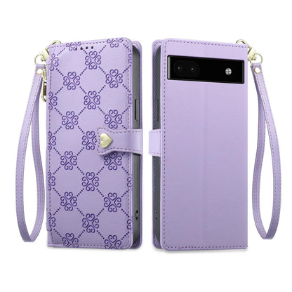 For Google Pixel 6a Zipper Wallet Heart Buckle Vegan Leather Phone Case with Wrist Strap(Purple)