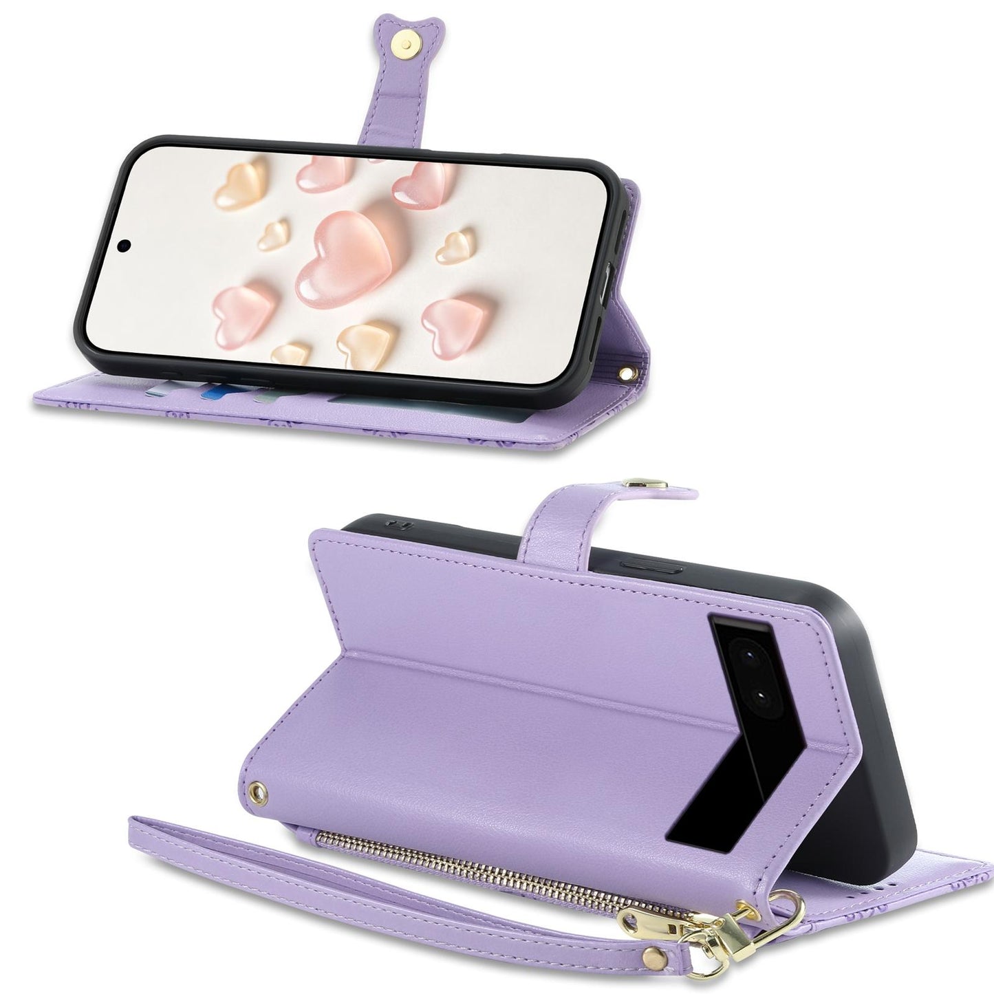 For Google Pixel 6a Zipper Wallet Heart Buckle Vegan Leather Phone Case with Wrist Strap(Purple)