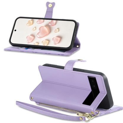 For Google Pixel 6a Zipper Wallet Heart Buckle Vegan Leather Phone Case with Wrist Strap(Purple)
