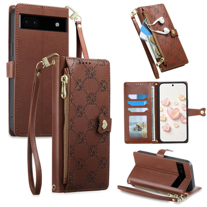 For Google Pixel 6a Zipper Wallet Heart Buckle Vegan Leather Phone Case with Wrist Strap(Brown)