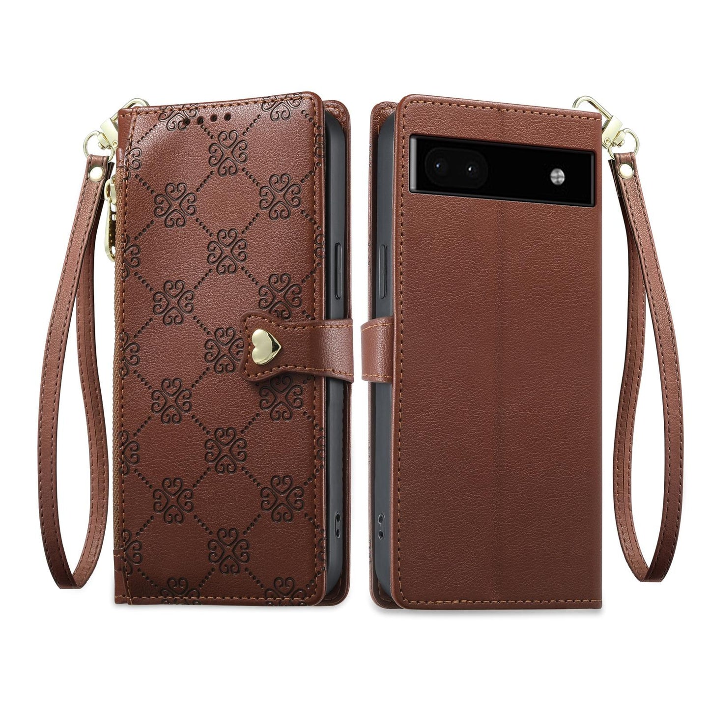 For Google Pixel 6a Zipper Wallet Heart Buckle Vegan Leather Phone Case with Wrist Strap(Brown)