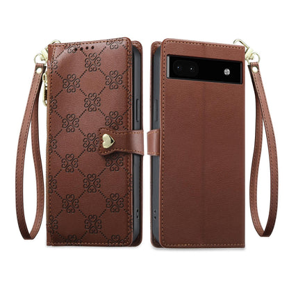 For Google Pixel 6a Zipper Wallet Heart Buckle Vegan Leather Phone Case with Wrist Strap(Brown)