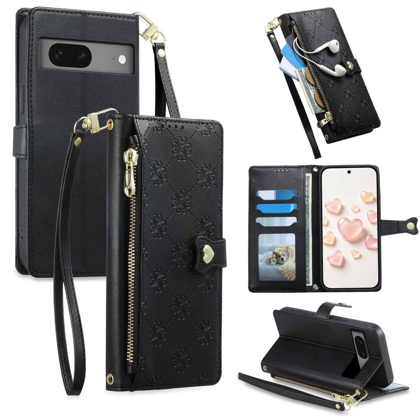 For Google Pixel 7 5G Zipper Wallet Heart Buckle Vegan Leather Phone Case with Wrist Strap(Black)