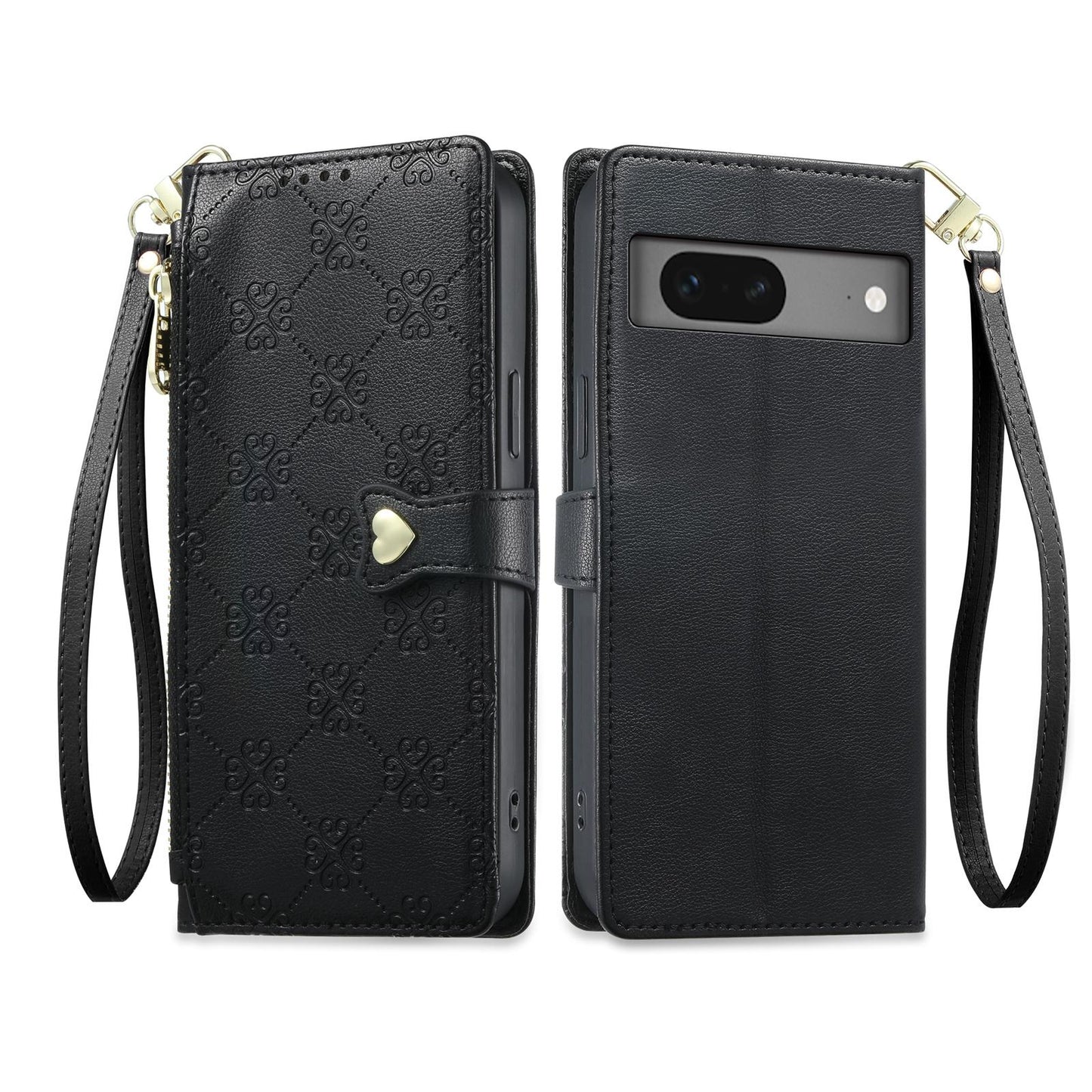 For Google Pixel 7 5G Zipper Wallet Heart Buckle Vegan Leather Phone Case with Wrist Strap(Black)