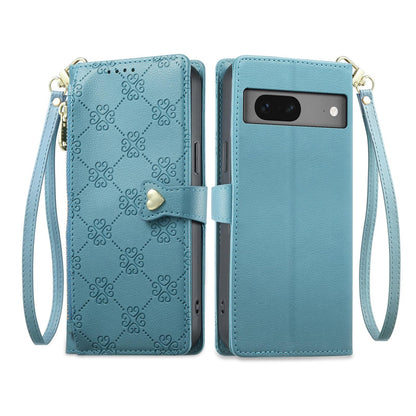 For Google Pixel 7 5G Zipper Wallet Heart Buckle Vegan Leather Phone Case with Wrist Strap(Lake Blue)