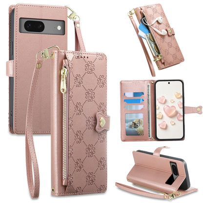 For Google Pixel 7 5G Zipper Wallet Heart Buckle Vegan Leather Phone Case with Wrist Strap(Pink)