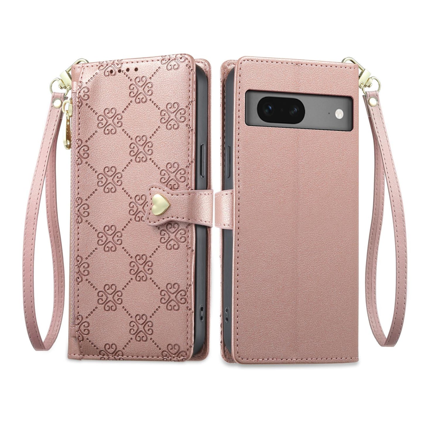 For Google Pixel 7 5G Zipper Wallet Heart Buckle Vegan Leather Phone Case with Wrist Strap(Pink)