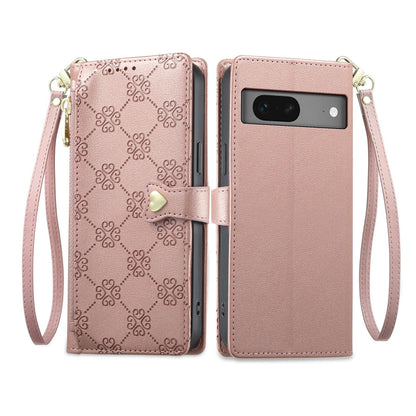 For Google Pixel 7 5G Zipper Wallet Heart Buckle Vegan Leather Phone Case with Wrist Strap(Pink)