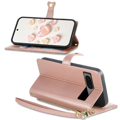 For Google Pixel 7 5G Zipper Wallet Heart Buckle Vegan Leather Phone Case with Wrist Strap(Pink)