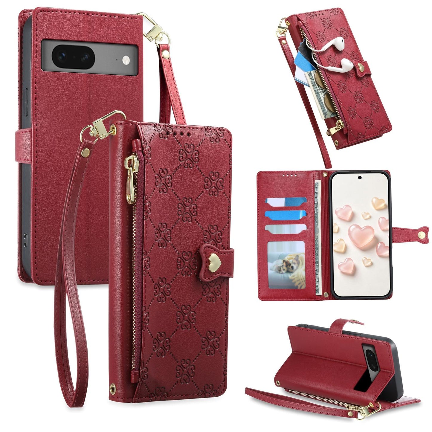 For Google Pixel 7 5G Zipper Wallet Heart Buckle Vegan Leather Phone Case with Wrist Strap(Red)