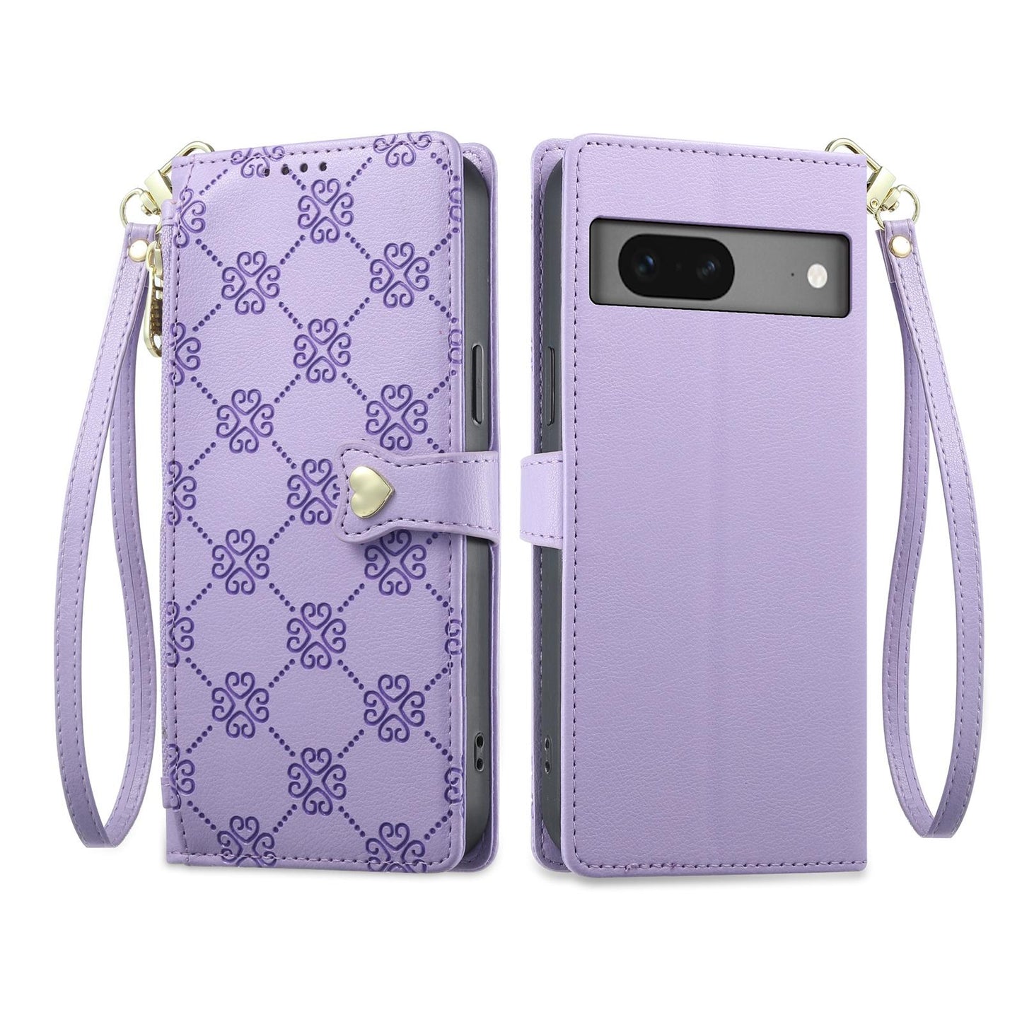 For Google Pixel 7 5G Zipper Wallet Heart Buckle Vegan Leather Phone Case with Wrist Strap(Purple)