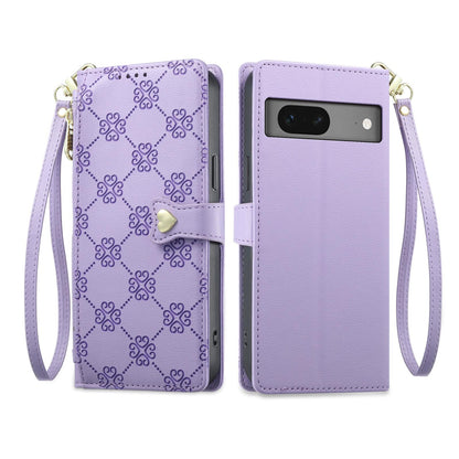 For Google Pixel 7 5G Zipper Wallet Heart Buckle Vegan Leather Phone Case with Wrist Strap(Purple)