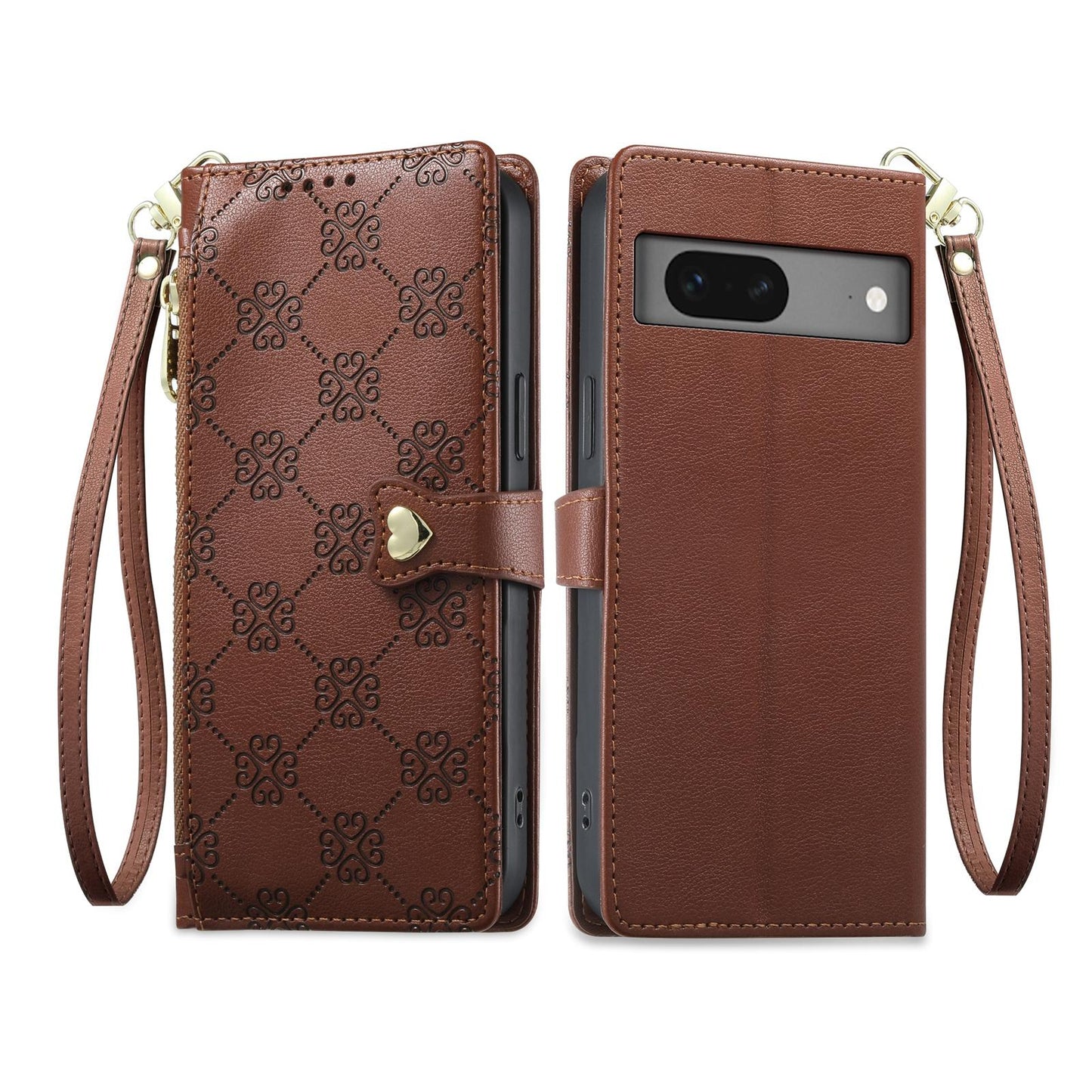 For Google Pixel 7 5G Zipper Wallet Heart Buckle Vegan Leather Phone Case with Wrist Strap(Brown)