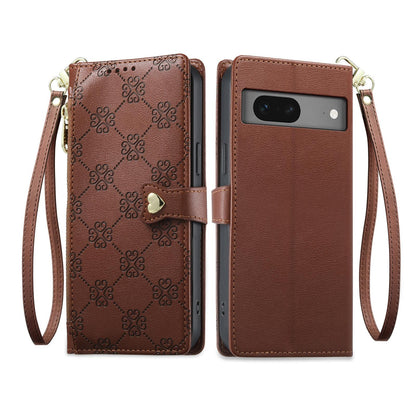 For Google Pixel 7 5G Zipper Wallet Heart Buckle Vegan Leather Phone Case with Wrist Strap(Brown)
