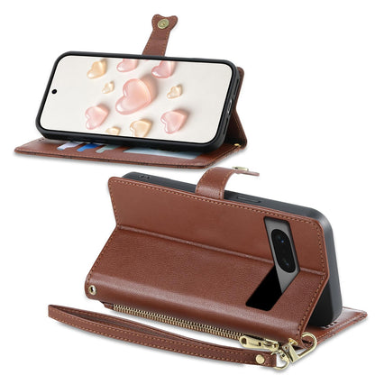 For Google Pixel 7 5G Zipper Wallet Heart Buckle Vegan Leather Phone Case with Wrist Strap(Brown)