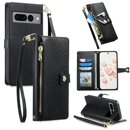 For Google Pixel 7 Pro 5G Zipper Wallet Heart Buckle Vegan Leather Phone Case with Wrist Strap(Black)