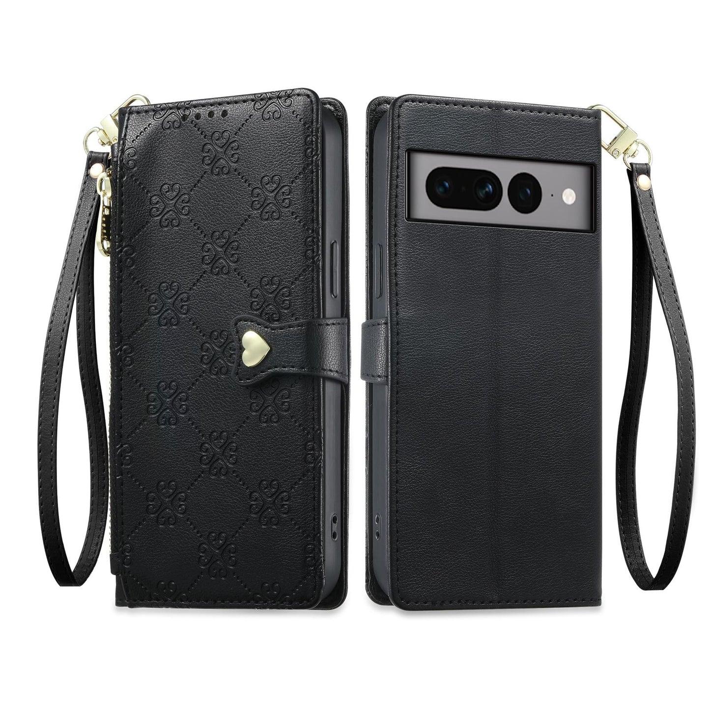 For Google Pixel 7 Pro 5G Zipper Wallet Heart Buckle Vegan Leather Phone Case with Wrist Strap(Black)