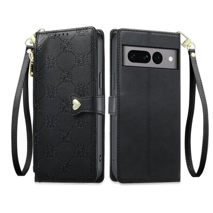 For Google Pixel 7 Pro 5G Zipper Wallet Heart Buckle Vegan Leather Phone Case with Wrist Strap(Black)